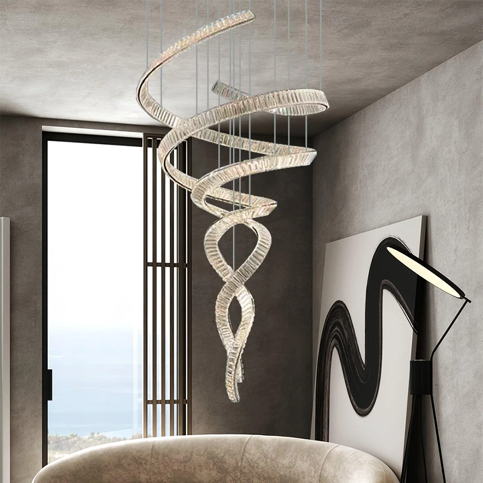 Люстра Long Spiral Crystal - ∅80см x 230см, нержавеющая сталь, прозрачный кристалл, холодный свет