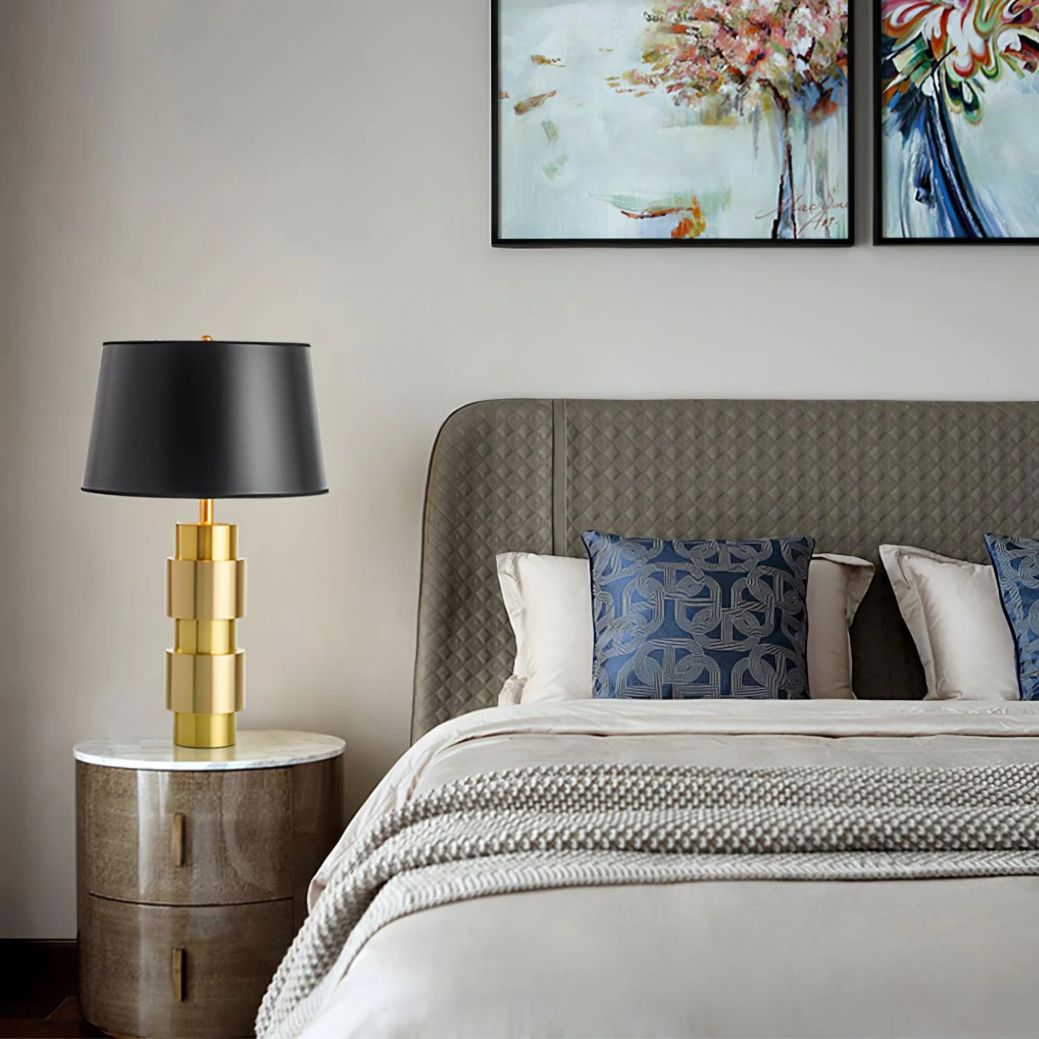 Jean Cylinder Table Lamp - ∅ 15″ x H 23.6″ / Dia 38cm x H 60cm / Gold+Black / UK plug