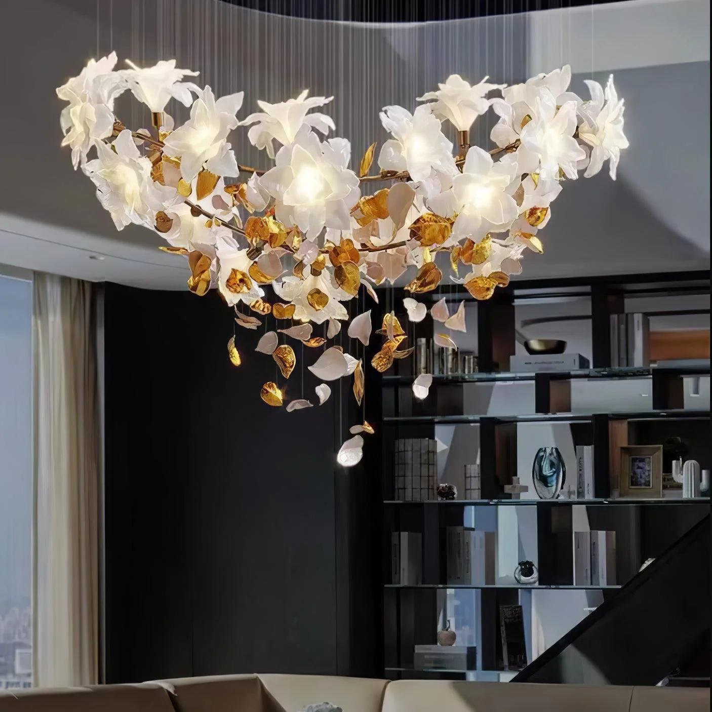 Люстра Flying Flowers Fluttering - модель A ∅80см x 180см, латунь, белый
