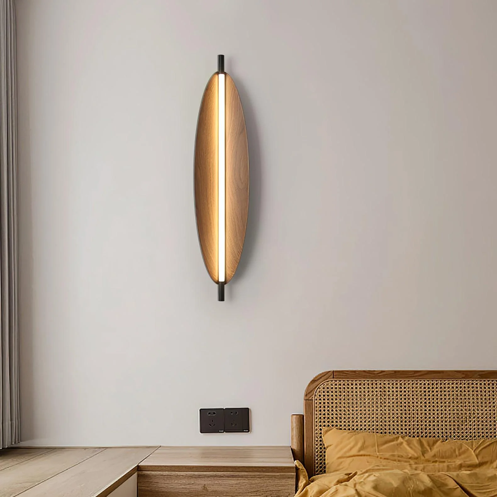 Sleek Board Sconce - ∅ 7.1″ x H 23.6″ / ∅ 18cm x H 60cm Set of 2 / Hydrographic Walnut Wood Grain Finish / Warm Light
