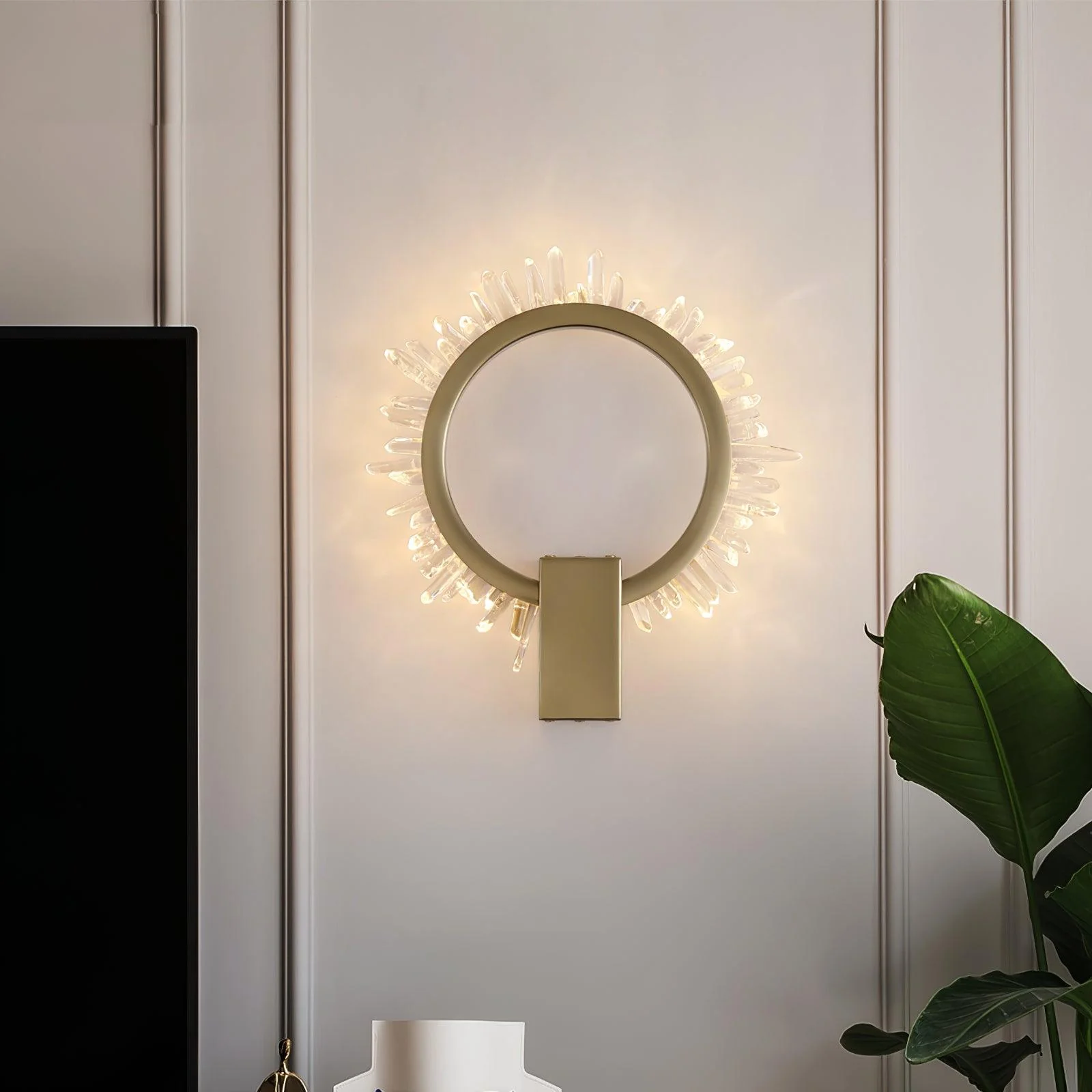 Natural Crystal Wall Lamp - ∅ 9.8″ x H 12.5″ / Dia 25cm x H 32cm Set of 2 / Gold & Clear / Warm White