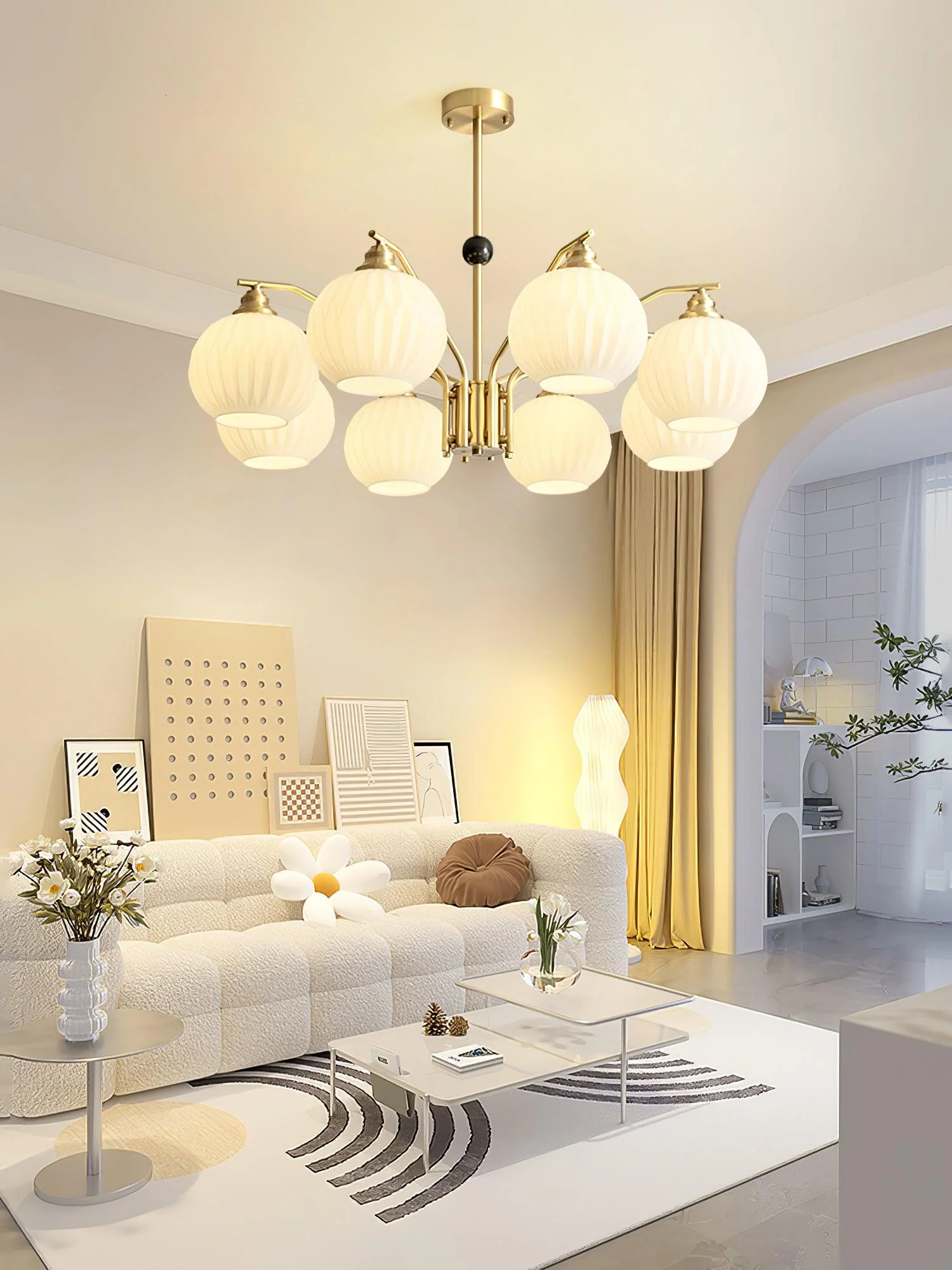 Люстра Ribbed Glass Gold - 5 плафонов ∅70см x 45см, золотой, белый