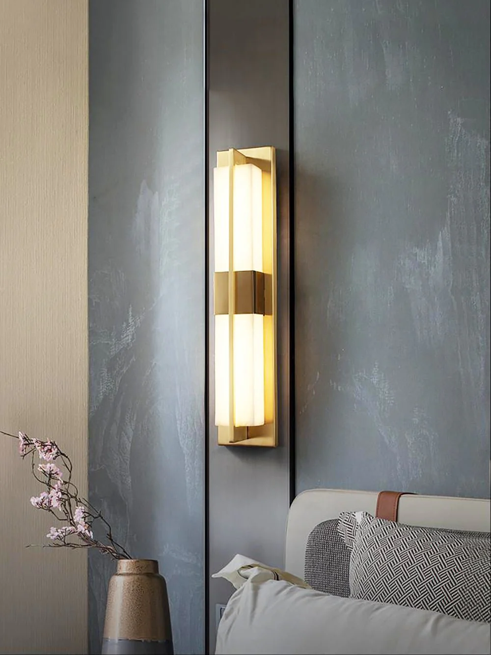 Rectangular Alabaster Brass Wall Sconce - ∅ 4.7″ x H 31.5″ / Dia 12cm x H 80cm / Black & Warm Light / Set Of 2