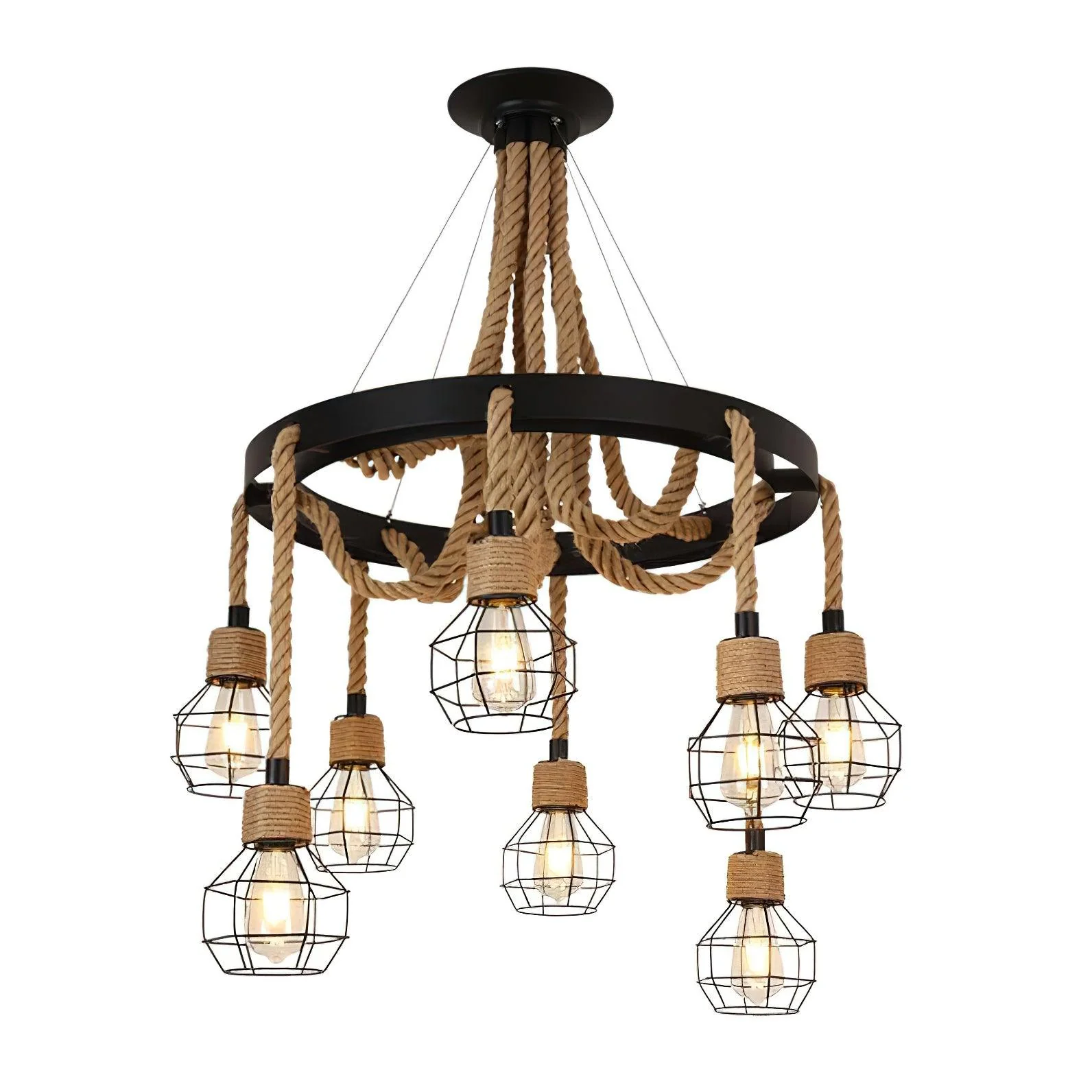 Люстра Hemp Rope Industrial Starfall - 8 плафонов ∅78см х 120см, черный, льняной