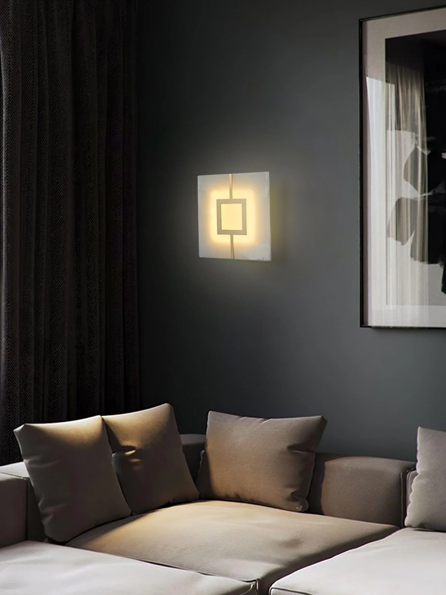 Square Alabaster Wall Lamp - W 6.5″ x H 16.7″ /  W 16.5cm x H 42.5cm Set of 2 / Brass & White / Cool Light