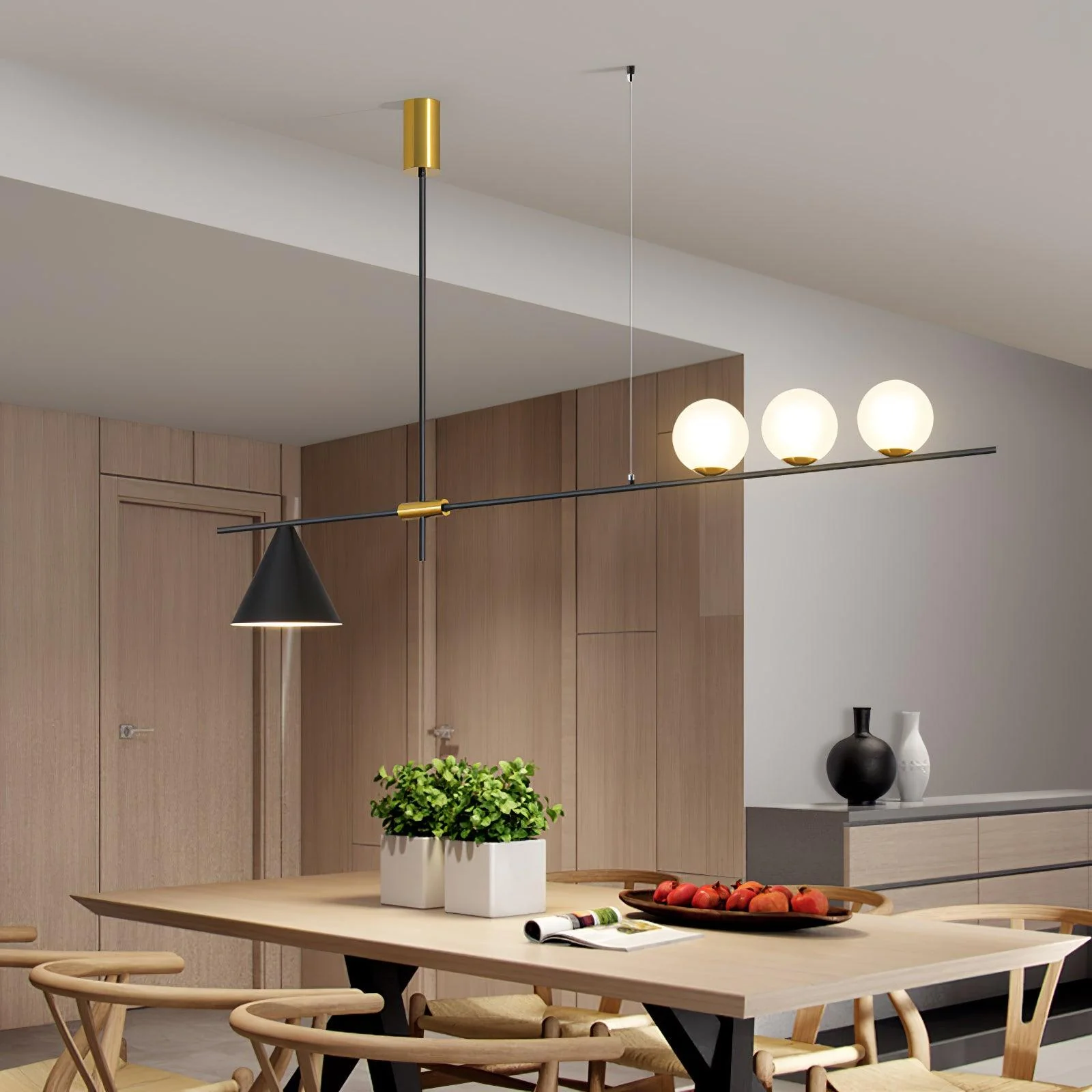 Подвесной светильник Eclipse Linear Suspension - 3 источника света 123см x 70см, золотой, золотой абажур