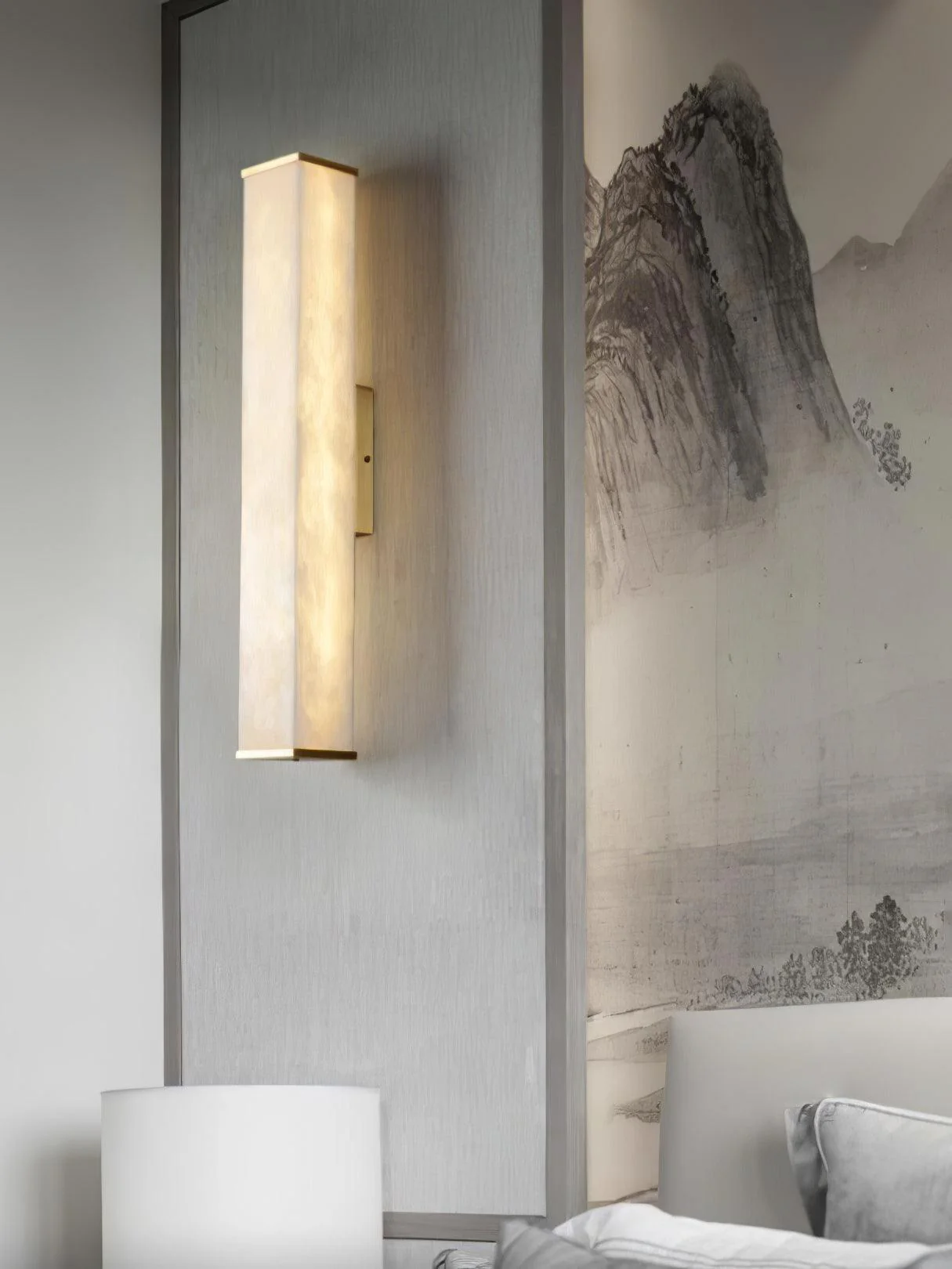 Cuboid Alabaster Wall Light - L  3.1″ x H 19.7″ / L  8cm x H 50cm Set of 2 / Brass & White / Warm Light