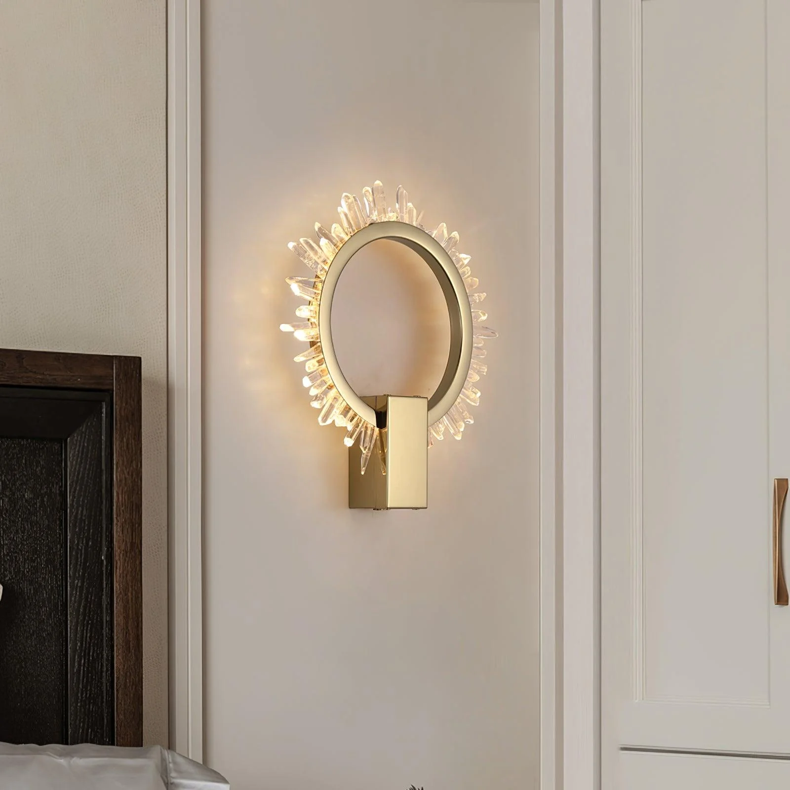Natural Crystal Wall Lamp - ∅ 9.8″ x H 12.5″ / Dia 25cm x H 32cm Set of 2 / Gold & Clear / Warm White
