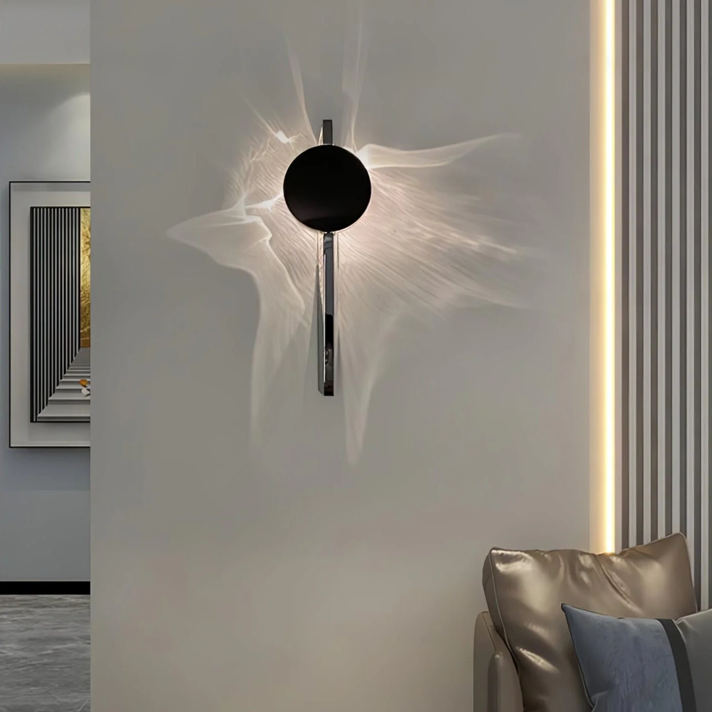 Creative Light And Shadow Wall Lamp - 2-Lights: ∅ 4.1″ x H 14.9″ Set of 2 / Chrome & Black / Warm Light