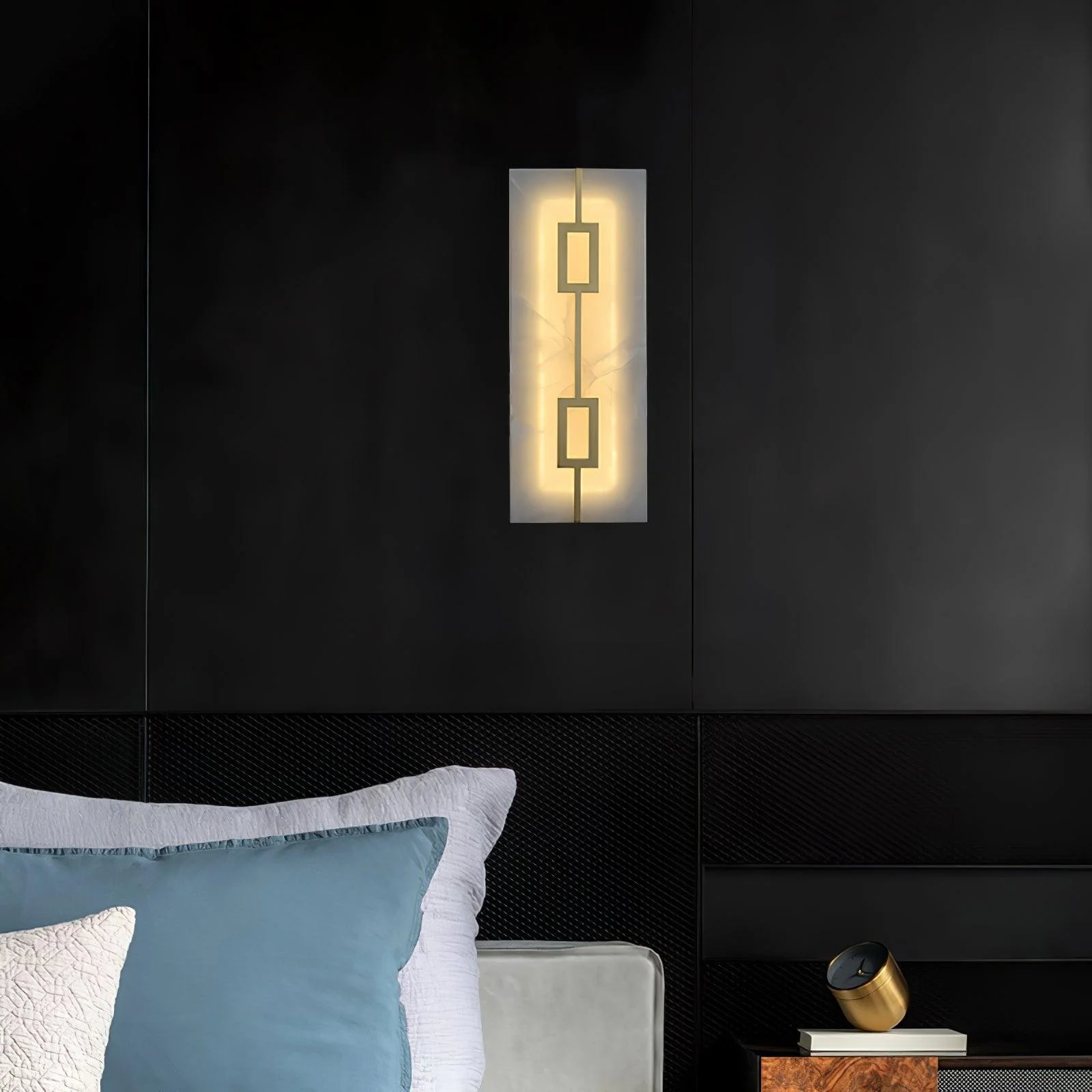 Square Alabaster Wall Lamp - W 6.5″ x H 16.7″ /  W 16.5cm x H 42.5cm Set of 2 / Brass & White / Cool Light