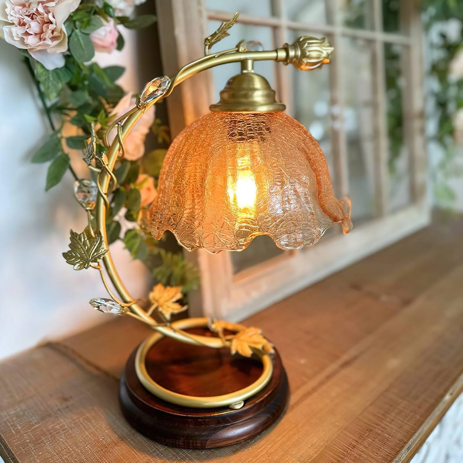 Cracked Glass Brass Table Lamp - ∅ 7.1″ x W 7.9″ x H 13.2″ / Dia 18cm x W 20cm x H 33.5cm / Brass＆Brown / AU plug