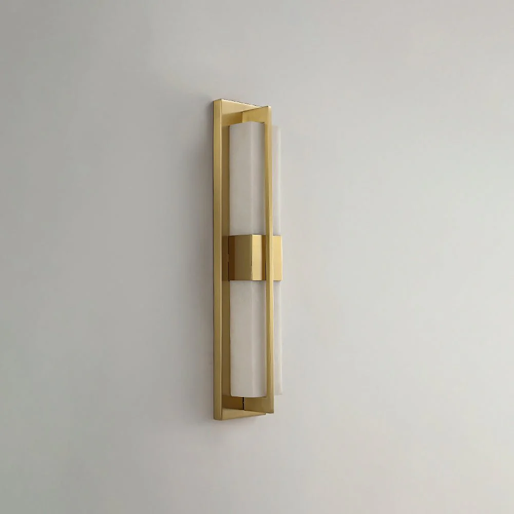 Rectangular Alabaster Brass Wall Sconce - ∅ 4.7″ x H 31.5″ / Dia 12cm x H 80cm / Black & Warm Light / Set Of 2