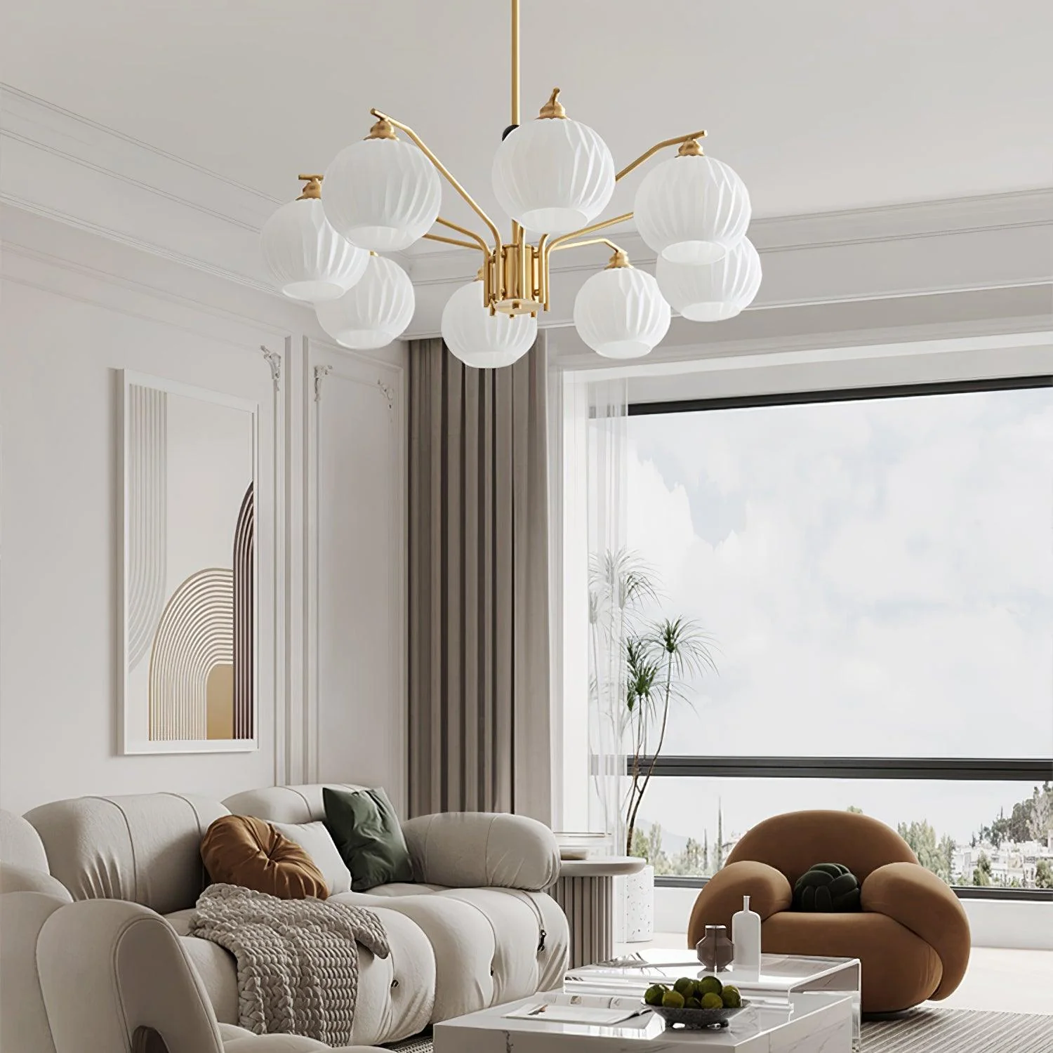 Люстра Ribbed Glass Gold - 5 плафонов ∅70см x 45см, золотой, белый