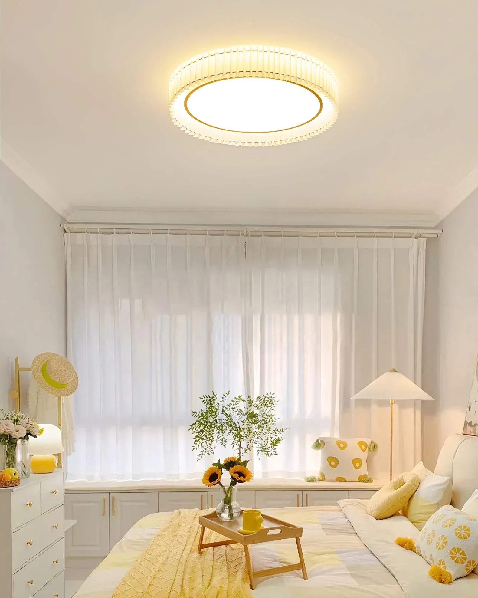 Потолочный светильник Round Pleated - ∅40см x 20см, золотой, бежевый, холодный свет