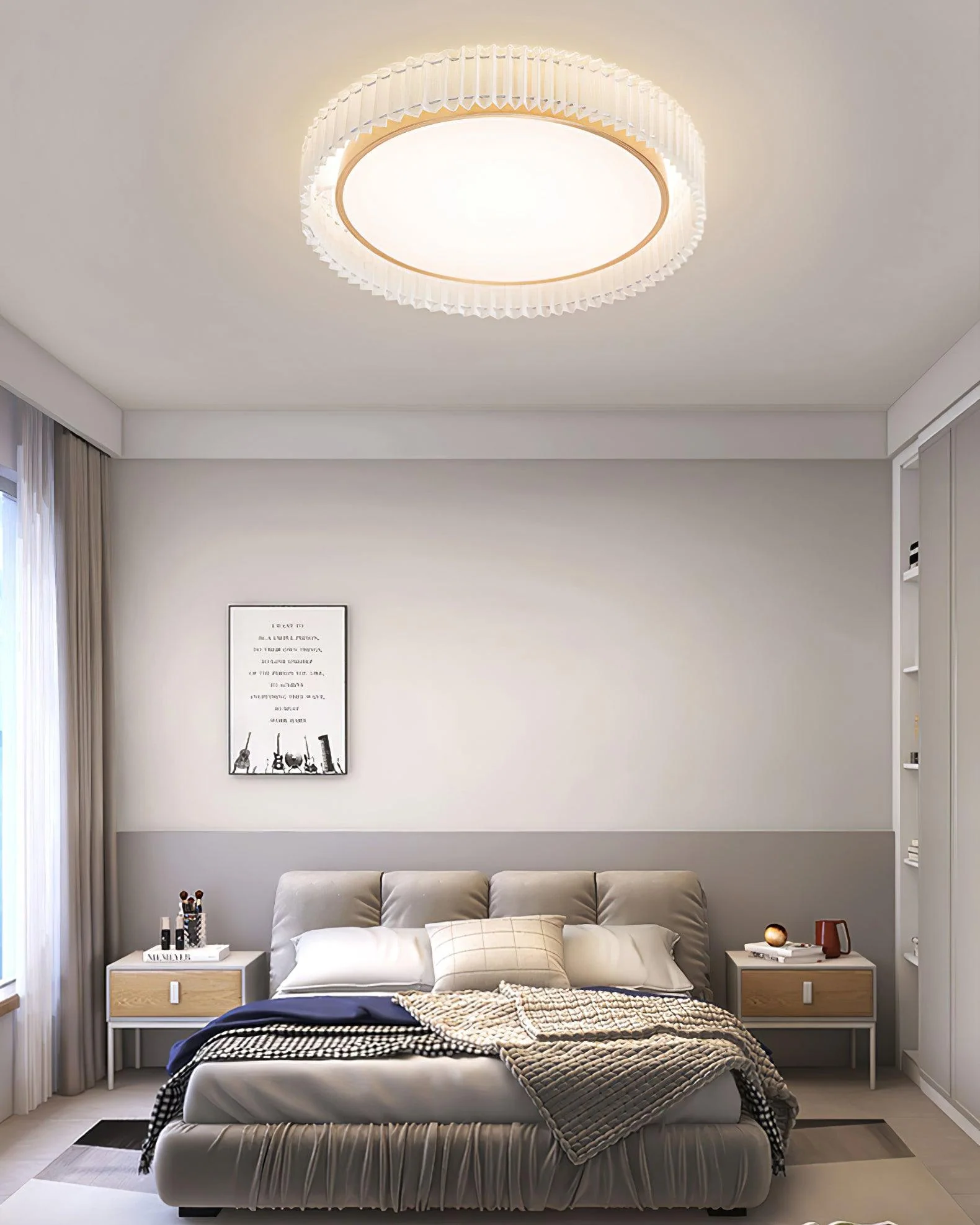 Потолочный светильник Round Pleated - ∅40см x 20см, золотой, бежевый, холодный свет