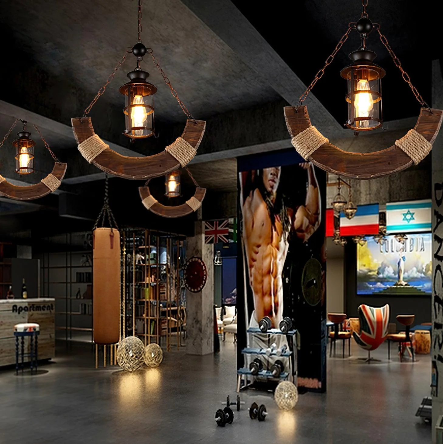 Люстра Nautical Industrial Style Wooden - модель C ∅55см x 100см,черный, дерево, прозрачное