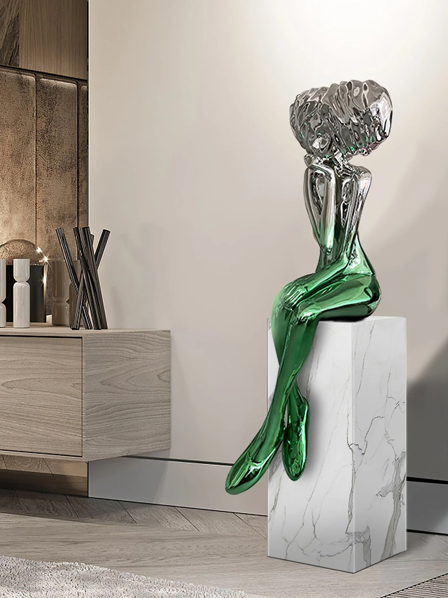 Girl Meditate Sculpture Ornaments - ∅65см x 70см x 152см, синий, металлическое основание