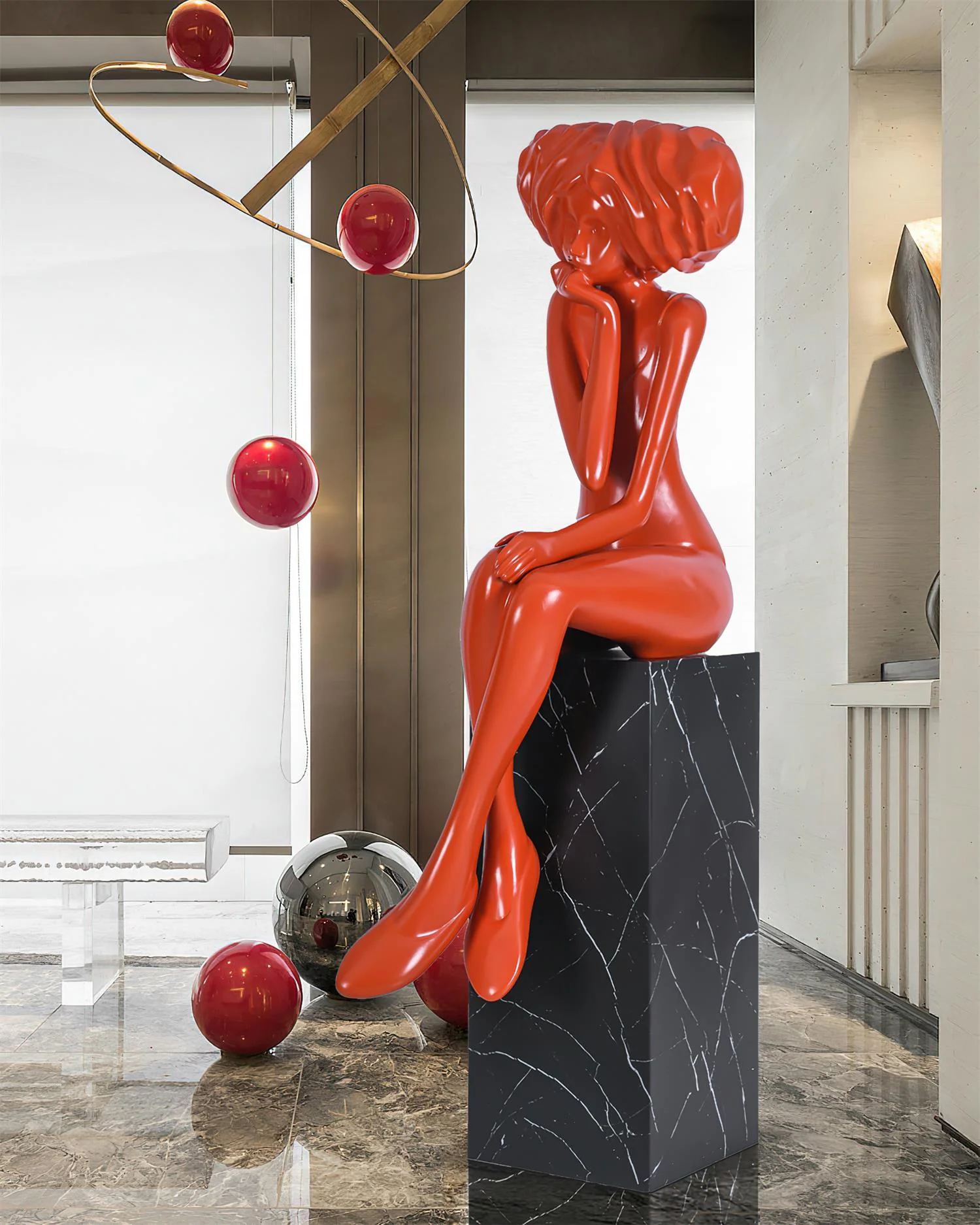 Girl Meditate Sculpture Ornaments - ∅65см x 70см x 152см, синий, металлическое основание