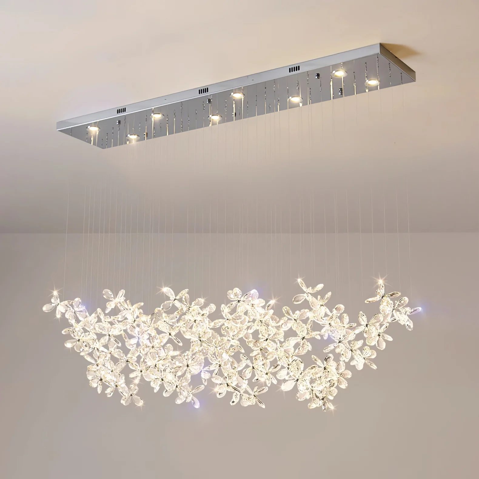 Люстра Floating Butterfly - круглое основание ∅80см x 150см, серебряный, прозрачный, холодный свет