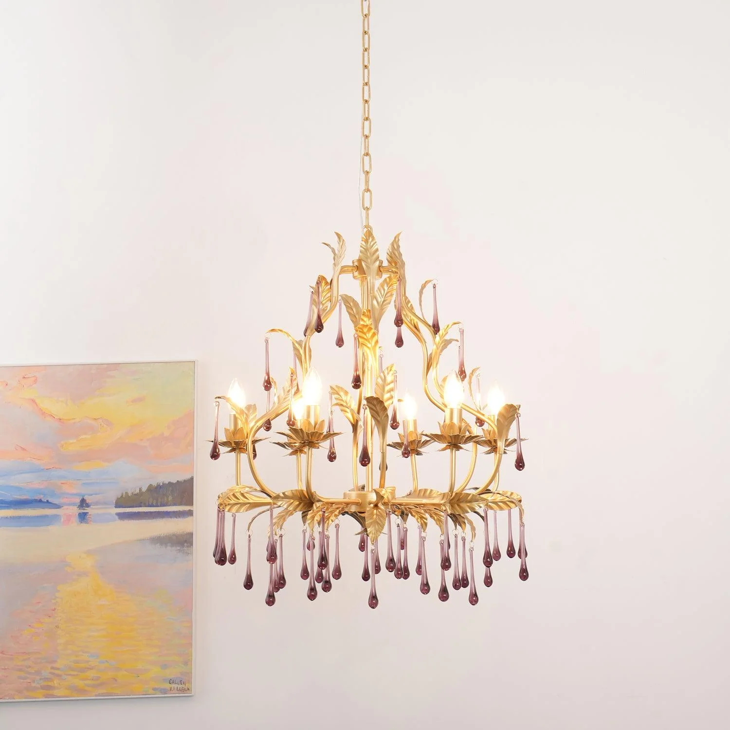 Люстра Amethyst Drops Glass - 6 подвесов ∅65см х 65см, золотой, карамельное стекло