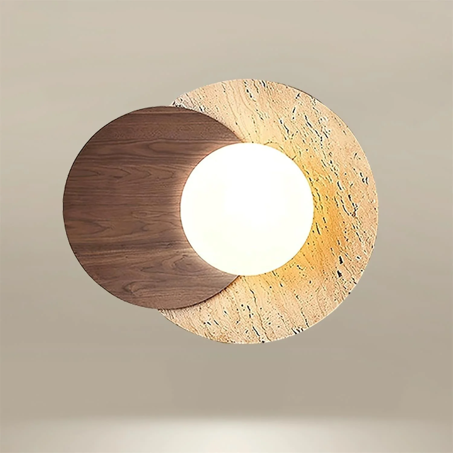 Lunar Eclipse Wall Lamp - ∅ 11.8″ x H 9.8″ / Dia 30cm x H 25cm Set of 2 / Wood Color & Beige