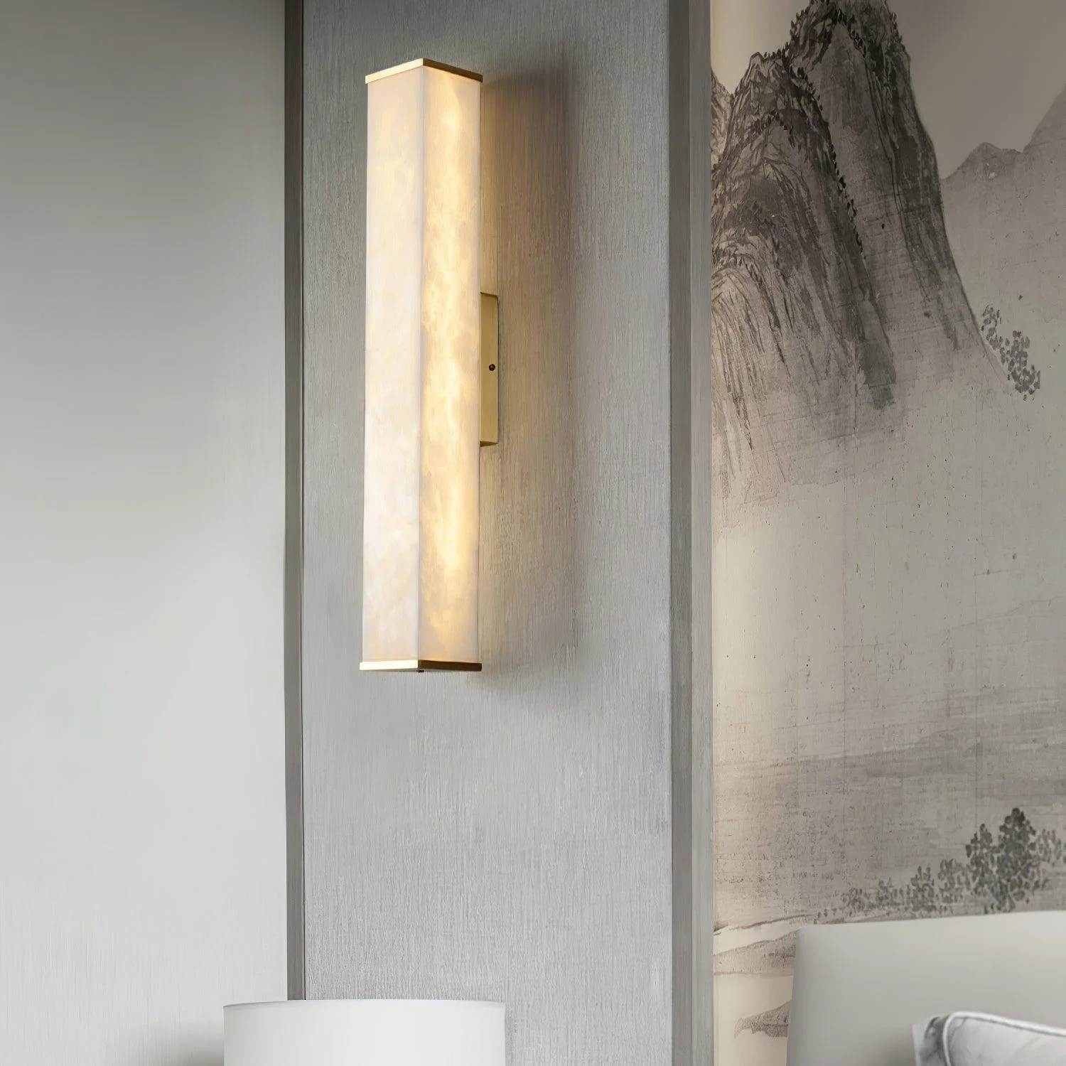 Cuboid Alabaster Wall Light - L  3.1″ x H 19.7″ / L  8cm x H 50cm Set of 2 / Brass & White / Warm Light