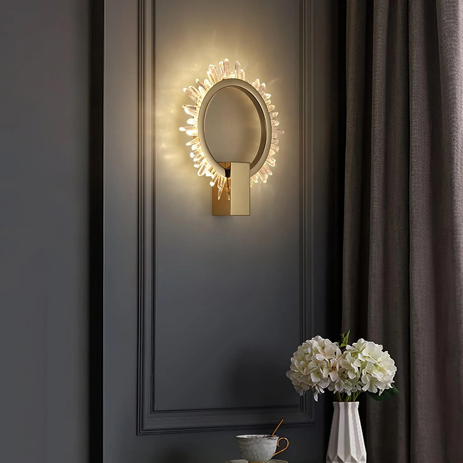 Natural Crystal Wall Lamp - ∅ 9.8″ x H 12.5″ / Dia 25cm x H 32cm Set of 2 / Gold & Clear / Warm White