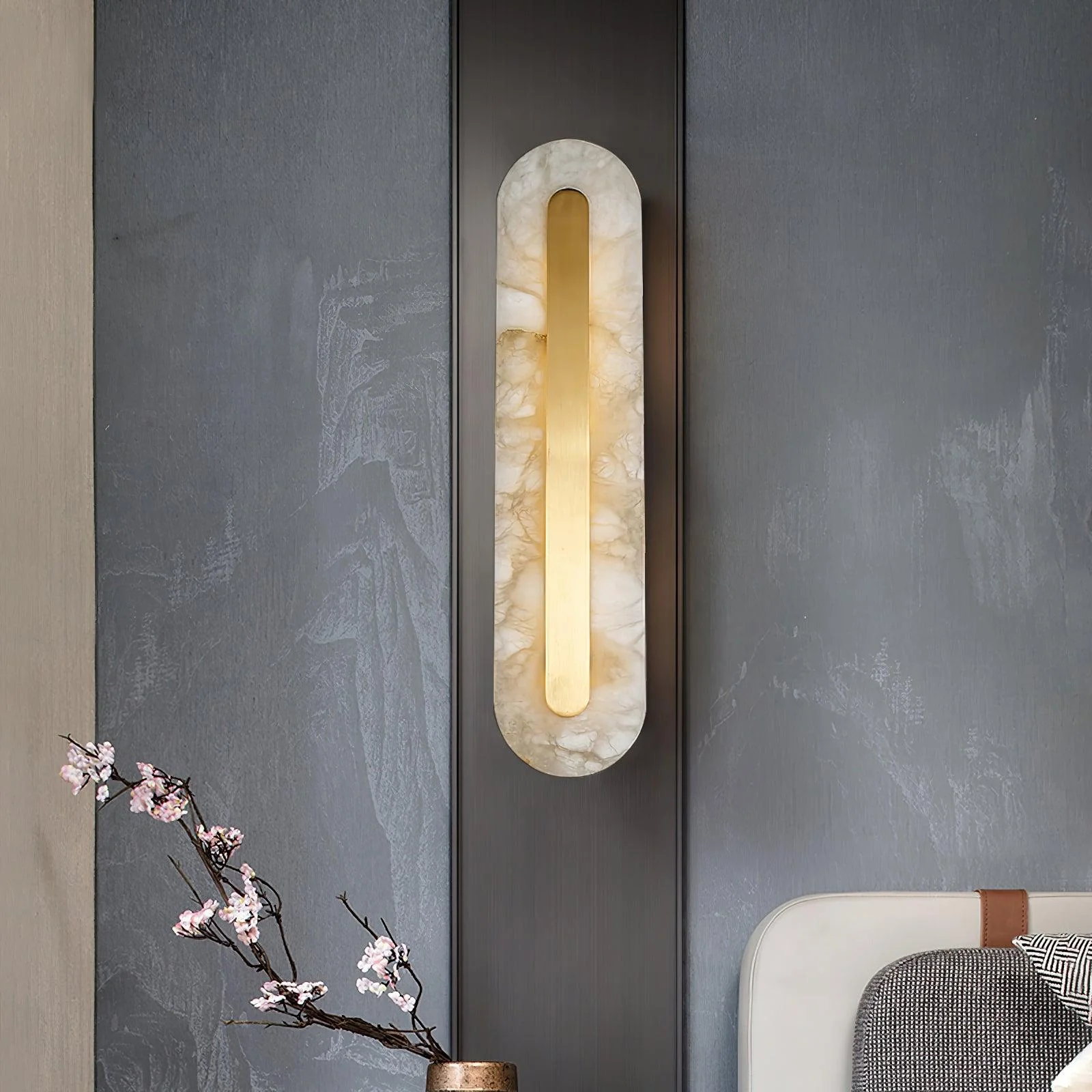 Alabaster Rounded Wall Light - ∅ 5.5″ x H 23.6″ Set of 2 / White＆Brass / Warm Light