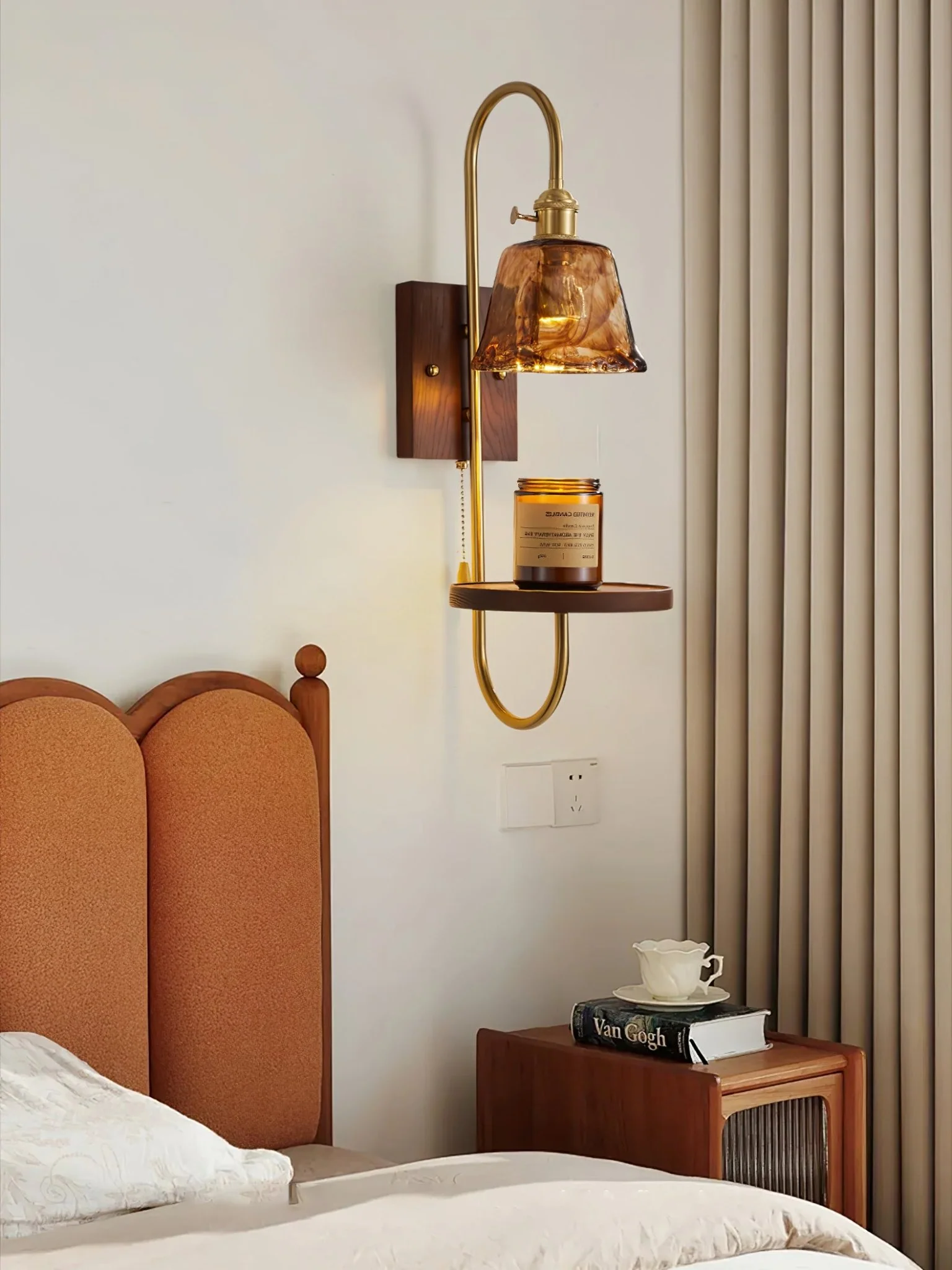 Walnut Shelf Sconce - Model A H 21.3″ x W 7.1″ x L 9.8″ / Walnut Color & Gold / Set Of 2
