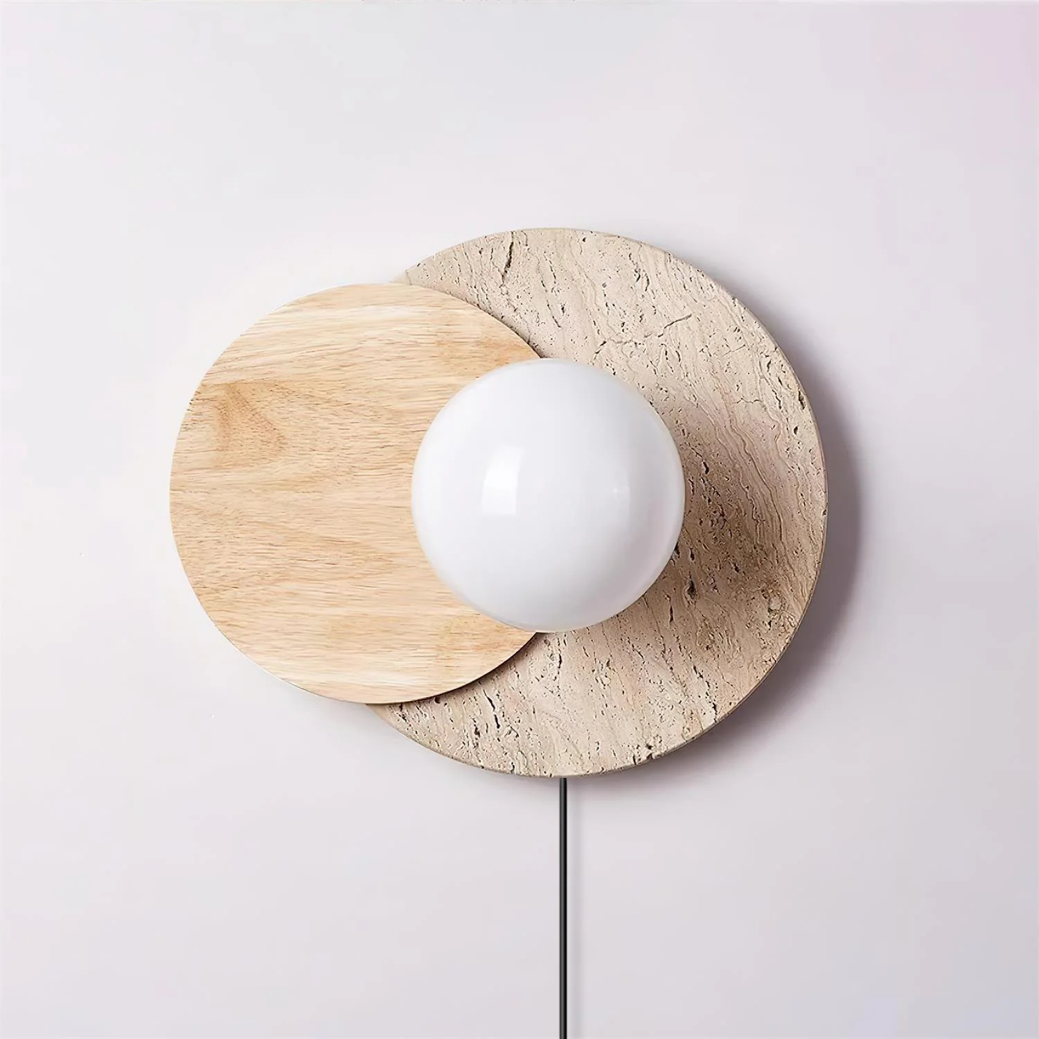 Lunar Eclipse Plug-in Wall Lamp - ∅ 11.8″ x H 9.8″  Set of 2 / Walnut Color & Beige / EU Plug