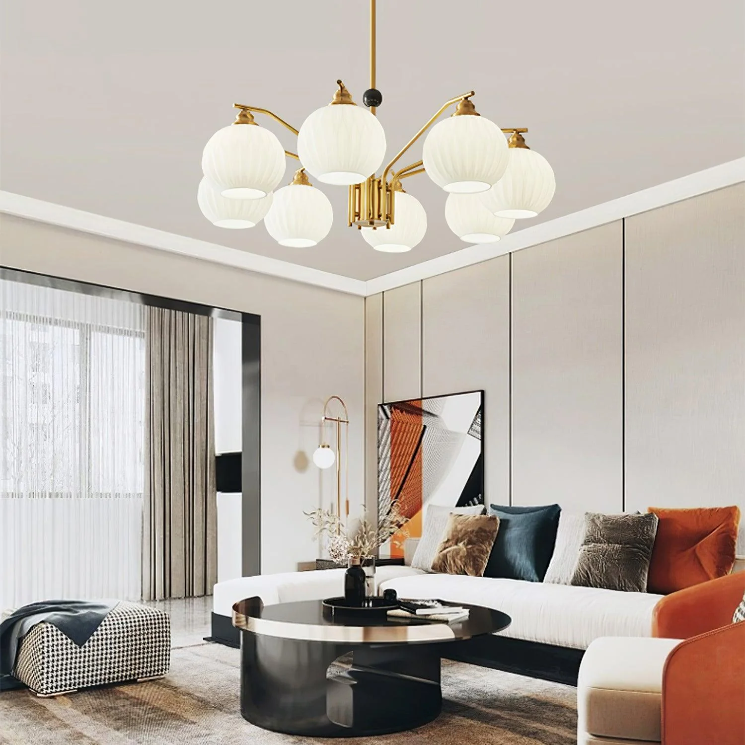 Люстра Ribbed Glass Gold - 5 плафонов ∅70см x 45см, золотой, белый