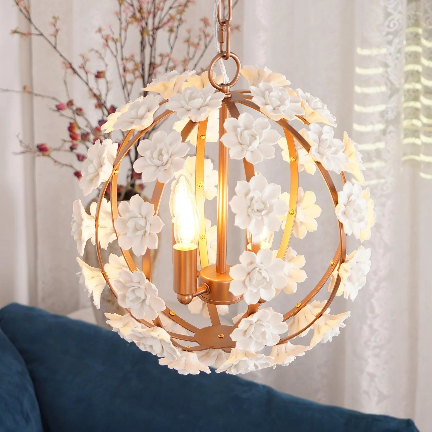 Люстра Bianca Floral Orb - ∅58см x 55см, розовое золото, белый