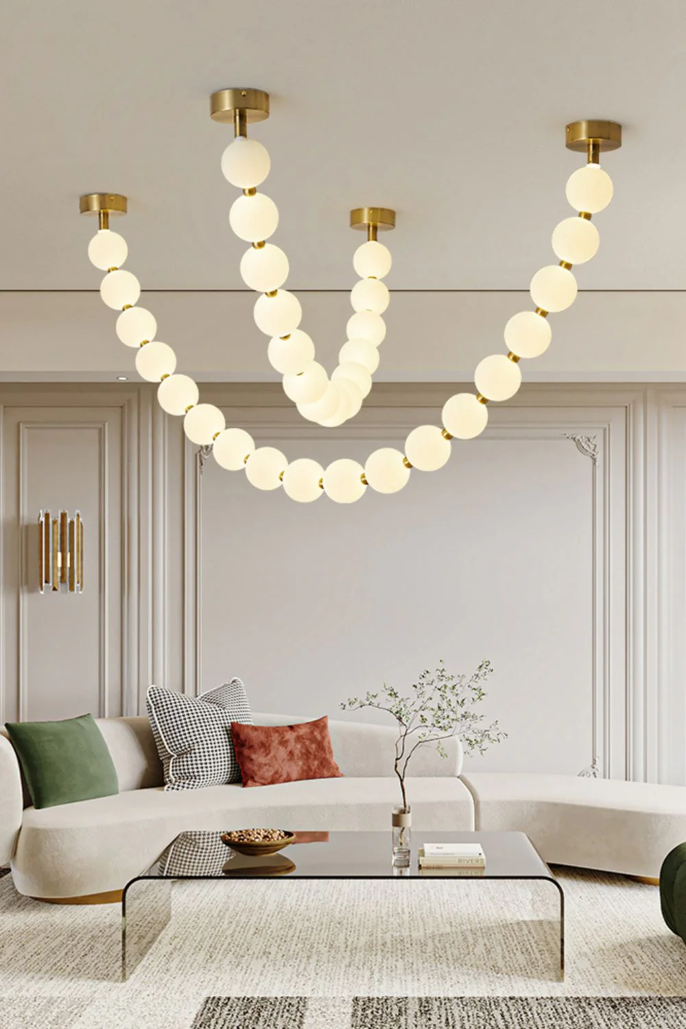 Люстра Pearl Necklace Balls - 23 плафона ∅10см x 250см, золотой, белый, пульт ДУ, диммер