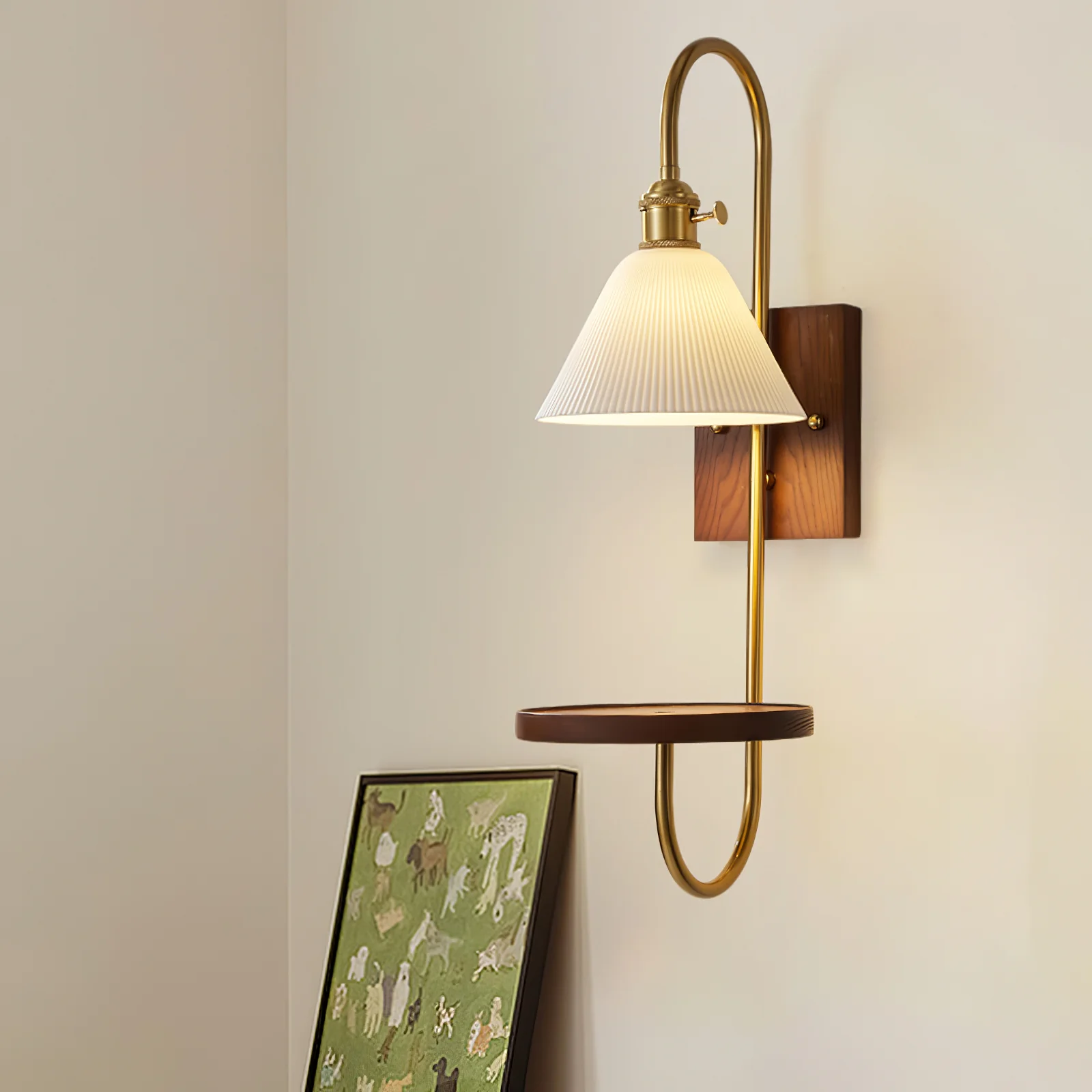 Walnut Shelf Sconce - Model A H 21.3″ x W 7.1″ x L 9.8″ / Walnut Color & Gold / Set Of 2