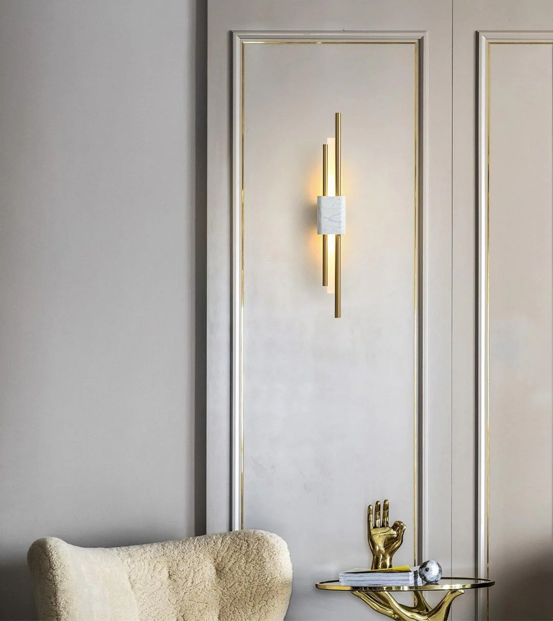 Tanto Wall Light - ∅ 3.9″ x H 23.6″ Set of 2 / White Marble & Gold / Cool Light
