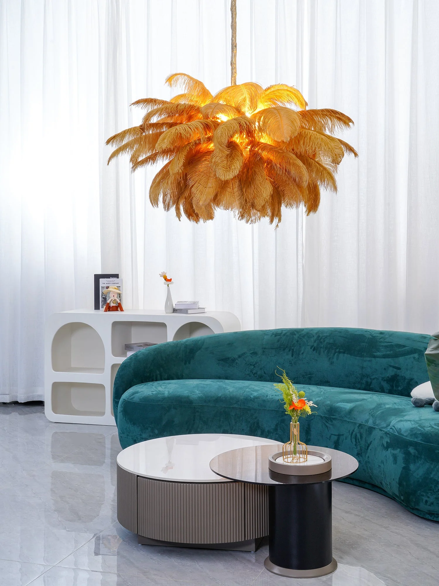 Люстра Ostrich Feather - ∅110см x 90см, серебро, белый