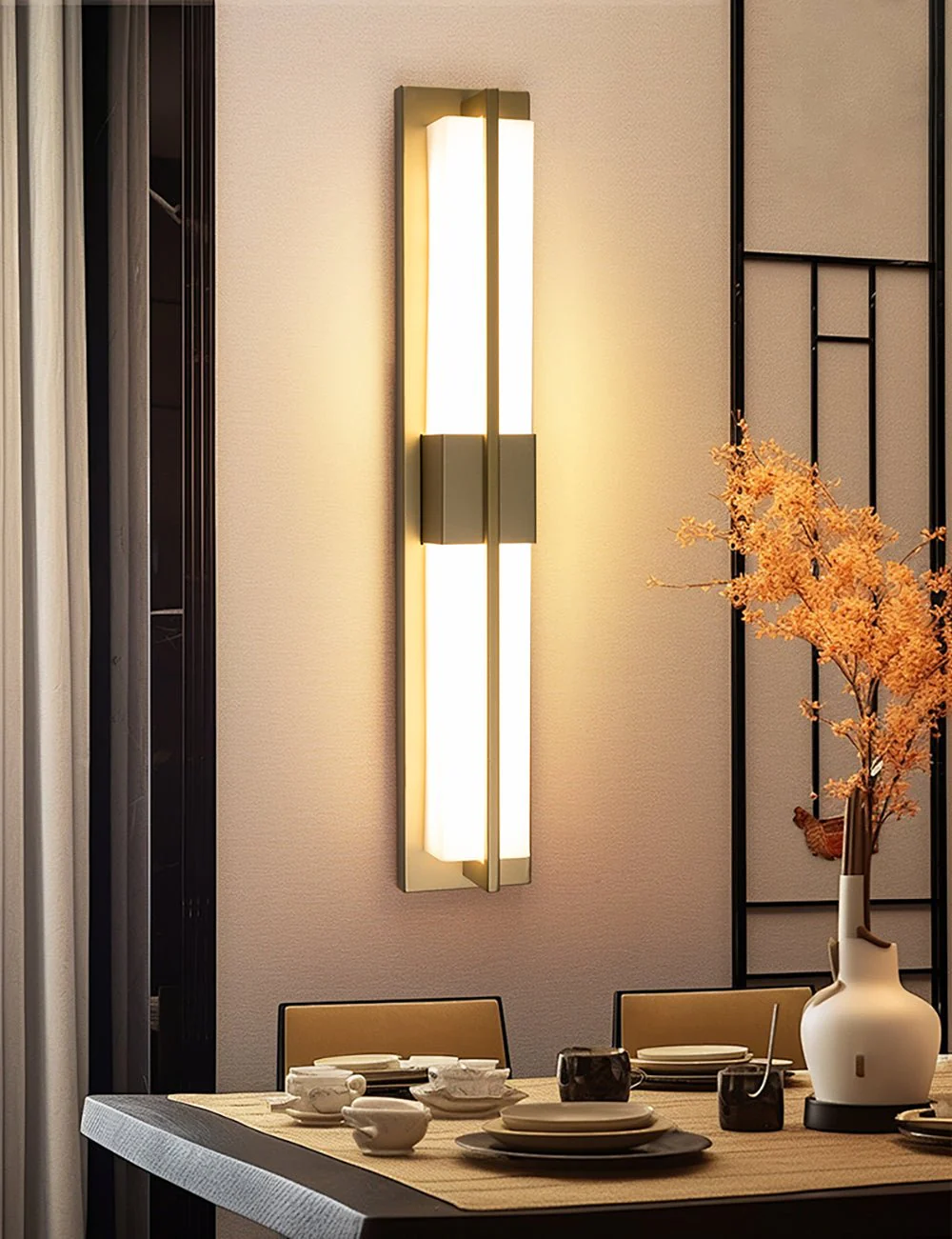 Rectangular Alabaster Brass Wall Sconce - ∅ 4.7″ x H 31.5″ / Dia 12cm x H 80cm / Black & Warm Light / Set Of 2