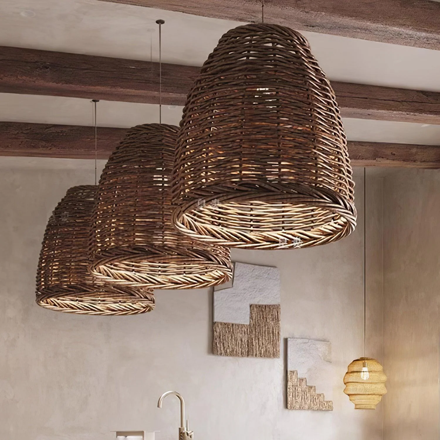 Подвесной светильник Hues Wicker - модель C, ∅50см x 150см, темный натуральный ротанг, черный