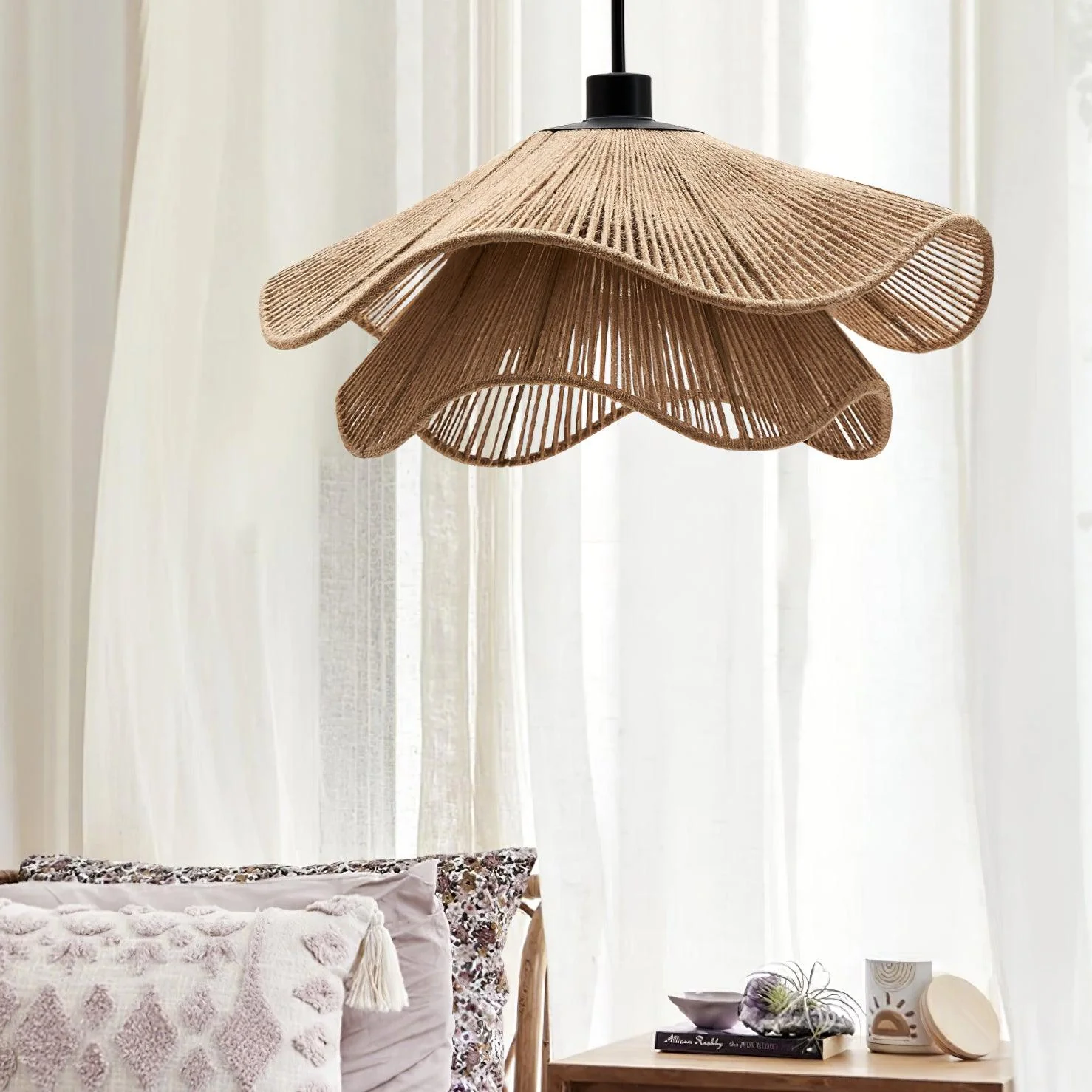Подвесной светильник Handmade Straw Hat - ∅60см x 23см, черный, коричневый, пеньковая веревка