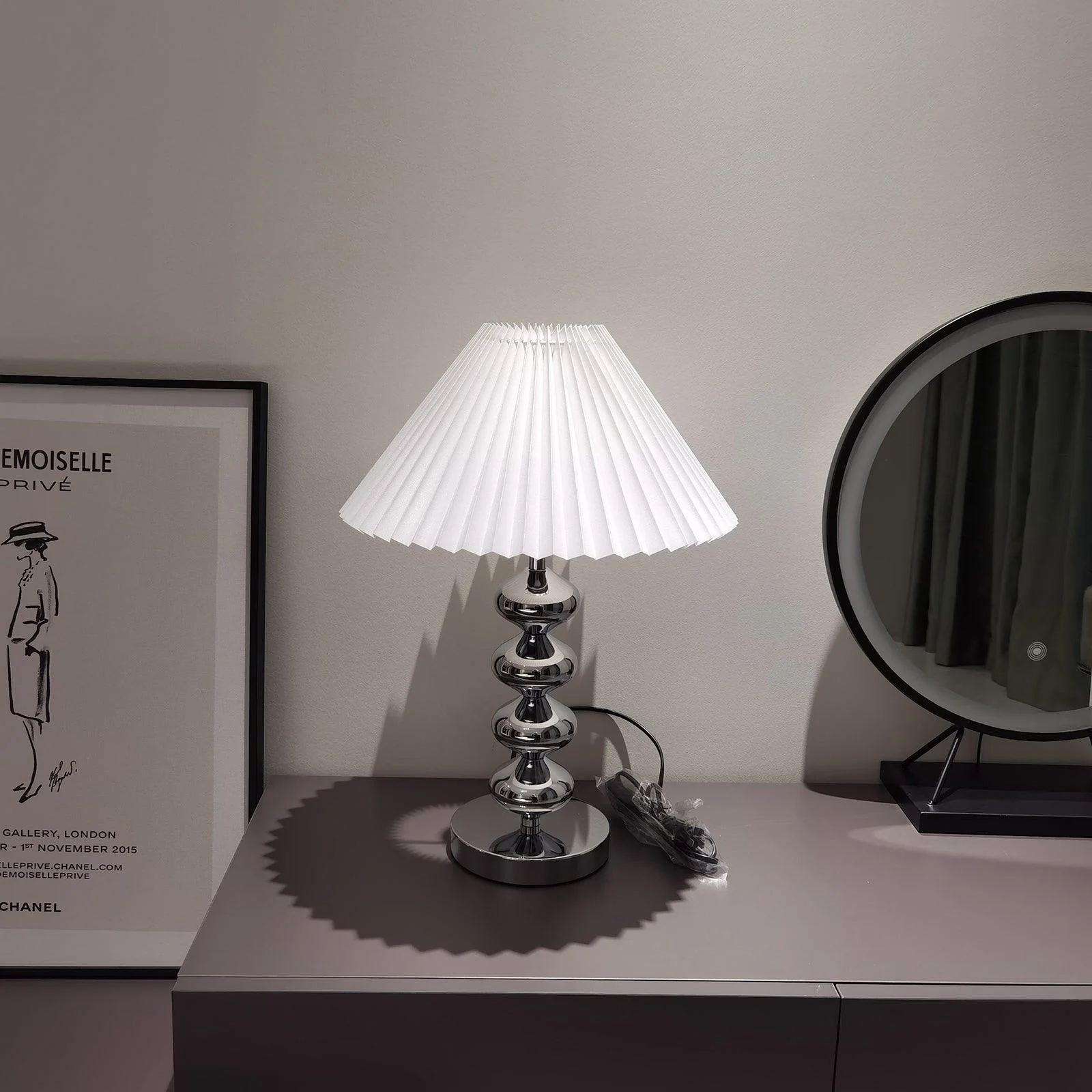 Aleisha Pleated Table Lamp - ∅ 13.7″ x H 19.6″ / Dia 35cm x H 50cm / Chrome + Black / UK plug
