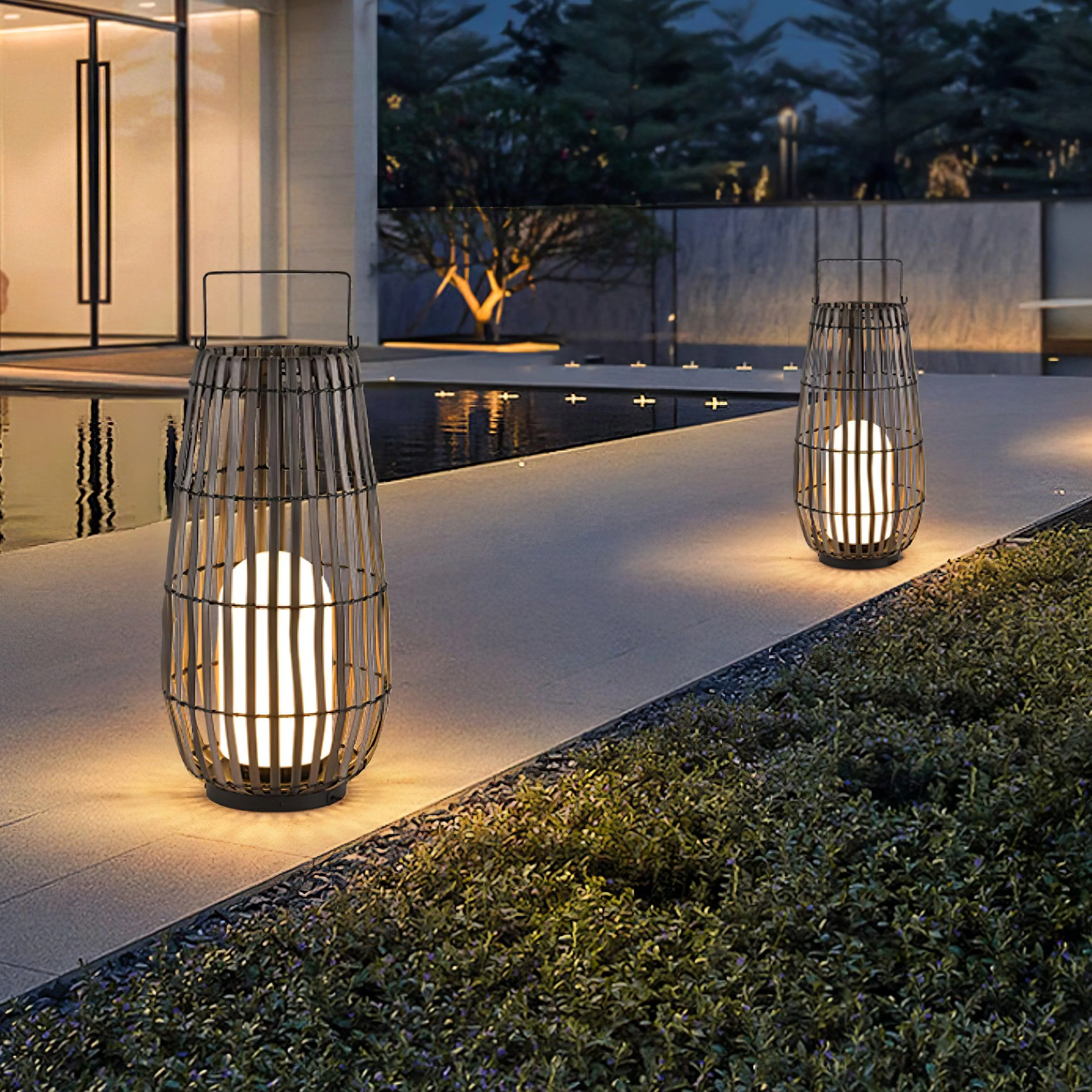 Уличный светильник Tropic Braid Lantern - модель B, солнечная батарея, ∅30см x 40см, черный, дерево