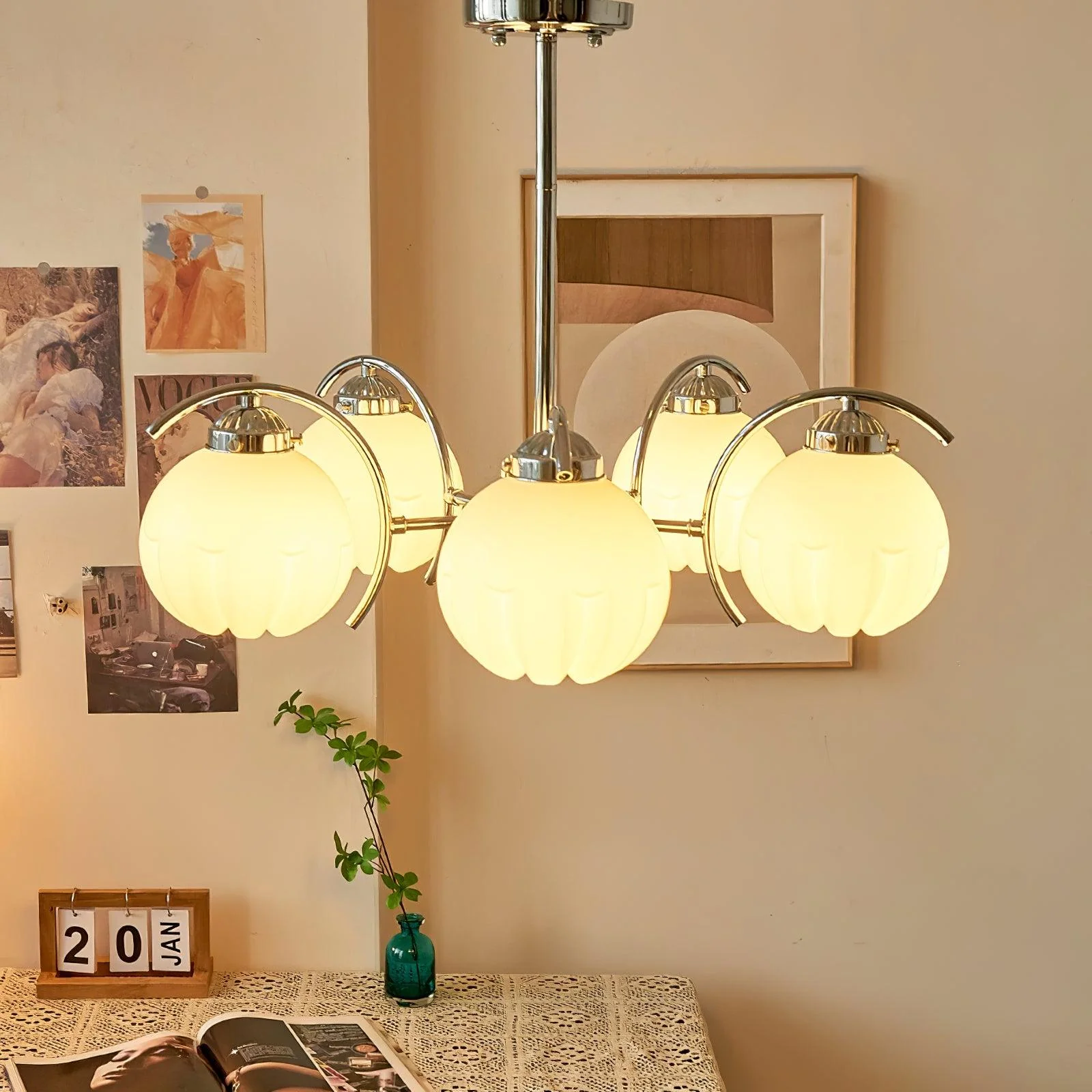 Люстра Litchford - 5 плафонов ∅55см x 48см, хром, матовое стекло
