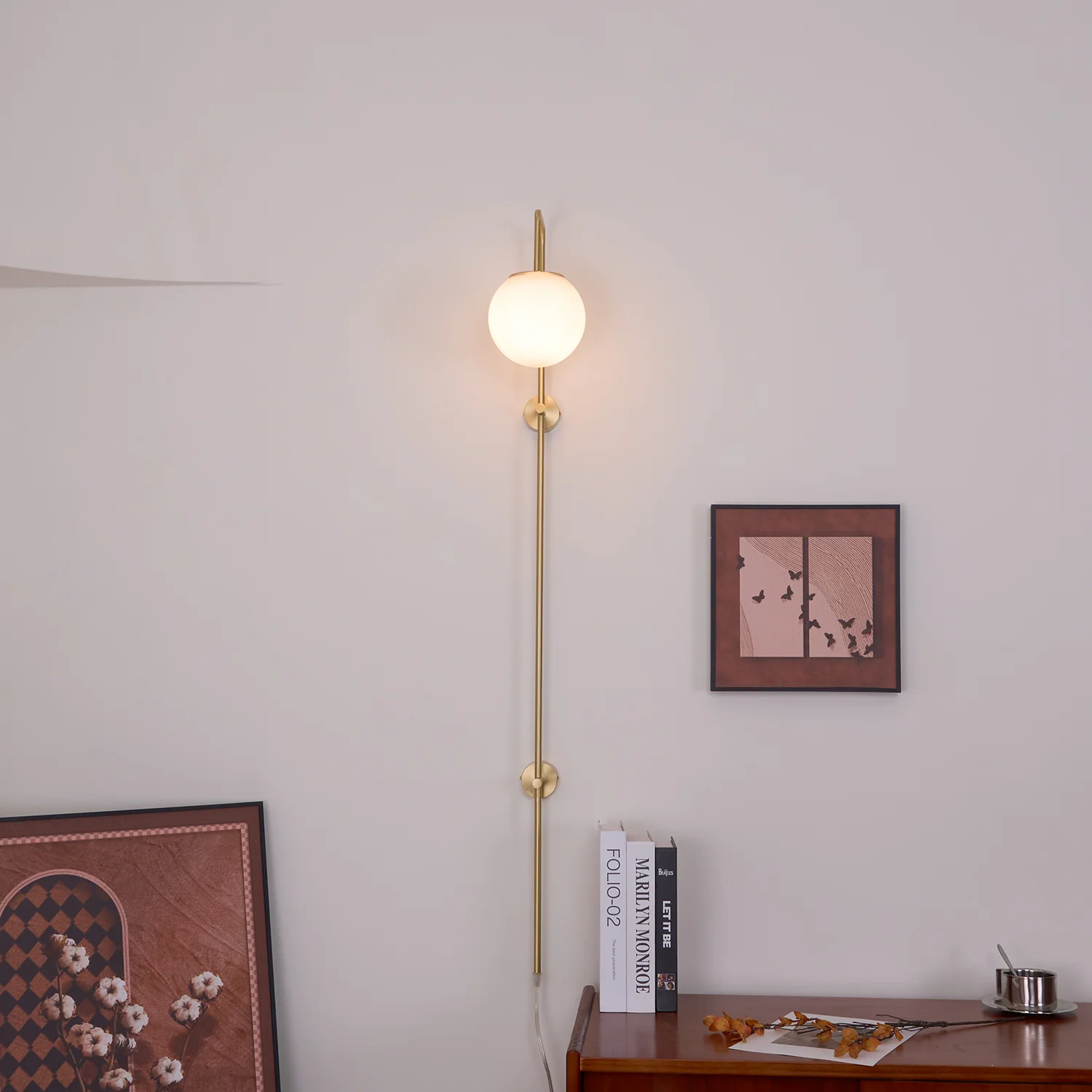 Настенный светильник Globe Brass Plug-in - ∅15см х 120см, золотой, белый